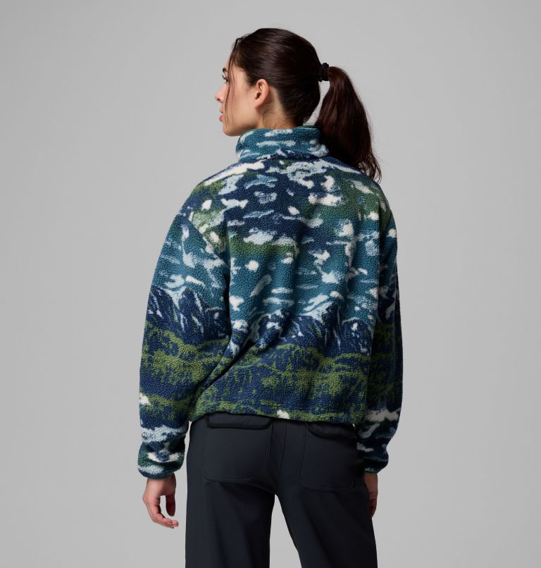 Women's Helvetia II Printed Cropped Half Snap Fleece Pullover, Color: Everblue Sisters, Rain Forest, image 3