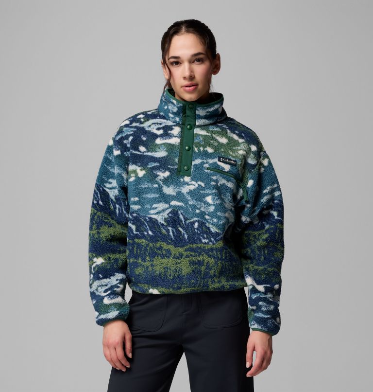 Women's Helvetia II Printed Cropped Half Snap Fleece Pullover, Color: Everblue Sisters, Rain Forest, image 1