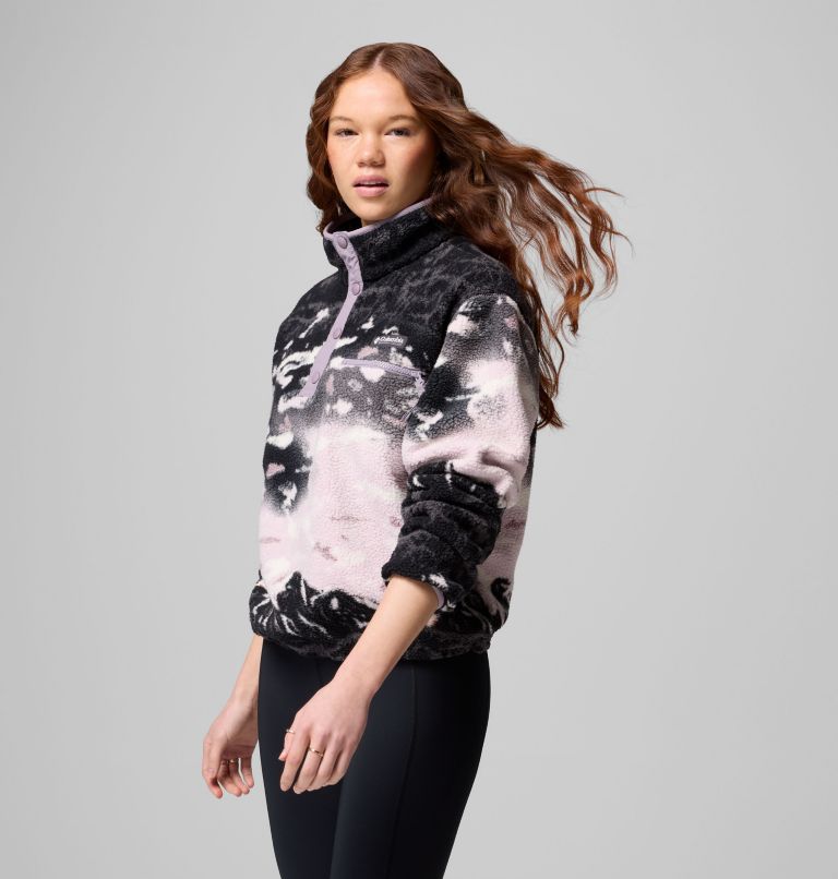 Women's Helvetia II Printed Cropped Half Snap Fleece Pullover, Color: Shale Purple Sisters, Shale Purple, image 4
