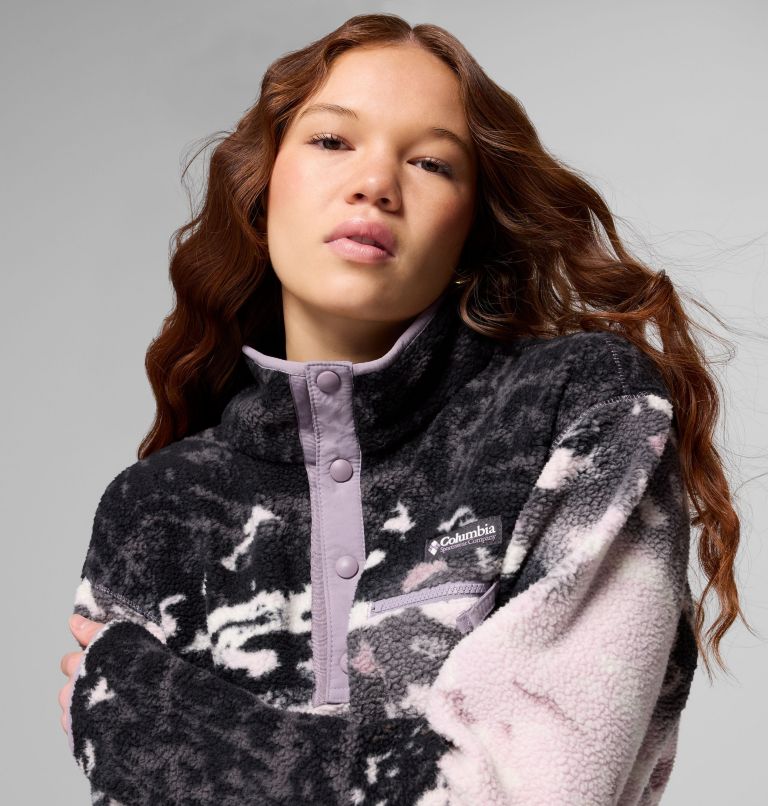 Women's Helvetia II Printed Cropped Half Snap Fleece Pullover, Color: Shale Purple Sisters, Shale Purple, image 6