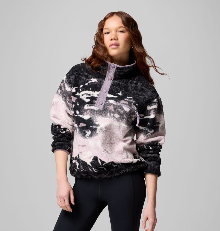 Women's Helvetia II Printed Cropped Half Snap Fleece Pullover, Color: Shale Purple Sisters, Shale Purple, image 1