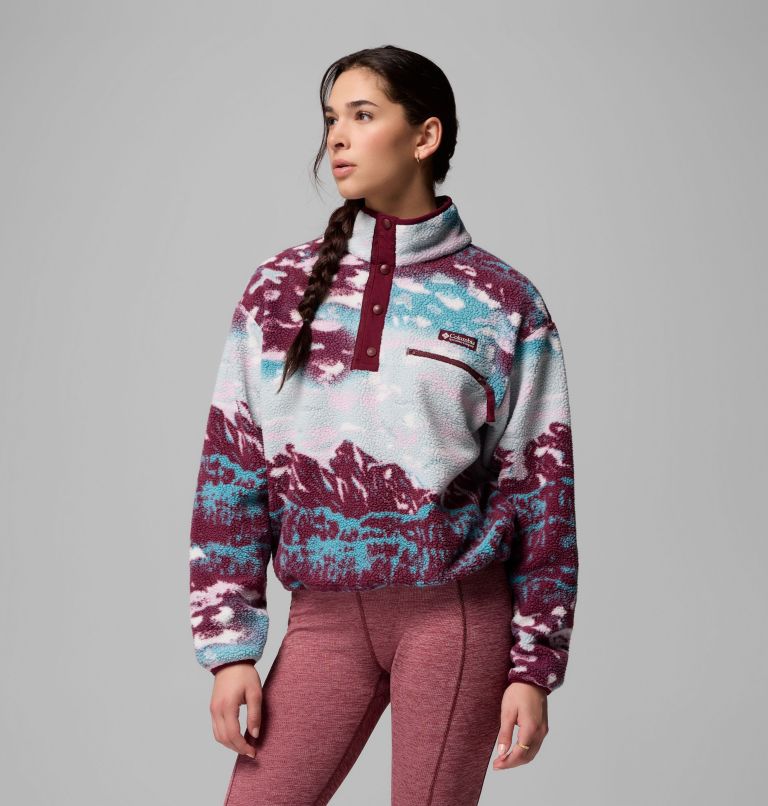 Women's Helvetia II Cropped Sherpa Half Snap Printed Fleece, Color: Rich Wine Sisters, Rich Wine, image 4