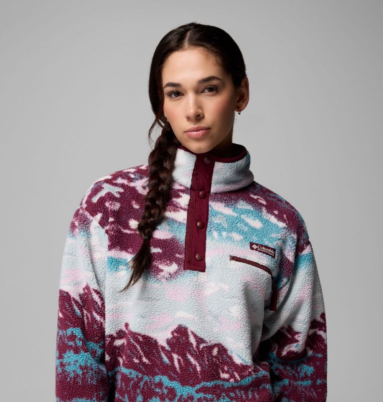 Women's Helvetia II Cropped Sherpa Half Snap Printed Fleece, Color: Rich Wine Sisters, Rich Wine, image 5