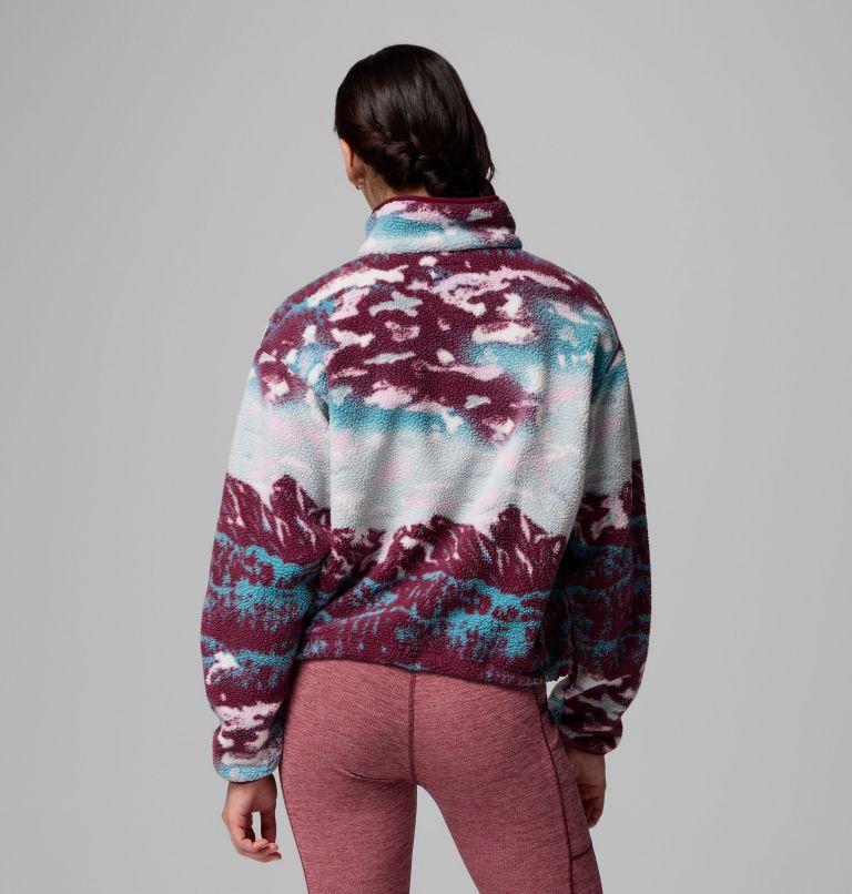 Women's Helvetia II Cropped Sherpa Half Snap Printed Fleece, Color: Rich Wine Sisters, Rich Wine, image 3