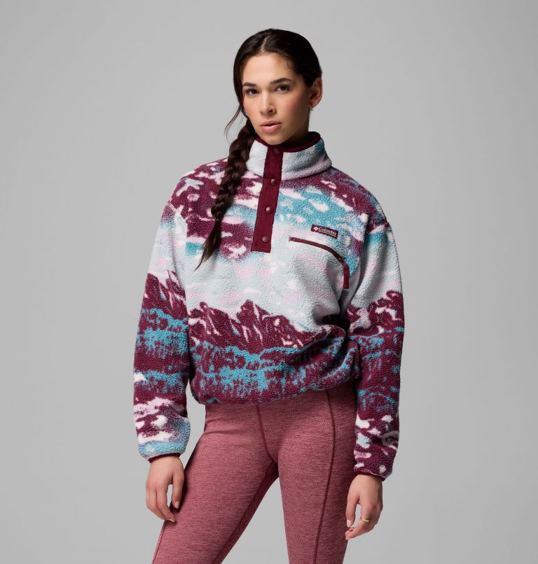 Women's Helvetia II Cropped Sherpa Half Snap Printed Fleece, Color: Rich Wine Sisters, Rich Wine, image 1
