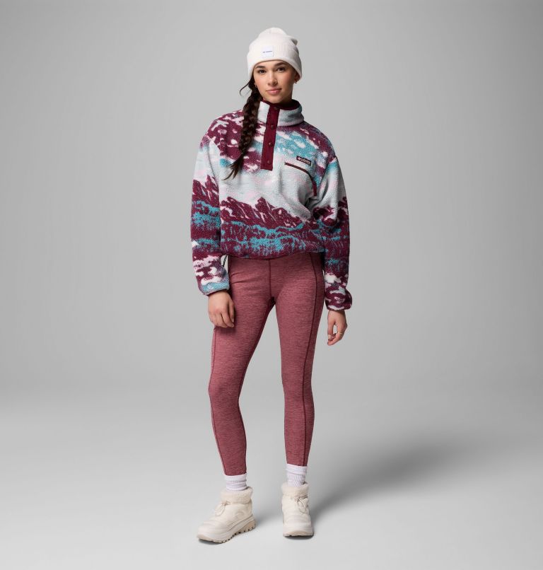 Women's Helvetia II Cropped Sherpa Half Snap Printed Fleece, Color: Rich Wine Sisters, Rich Wine, image 2