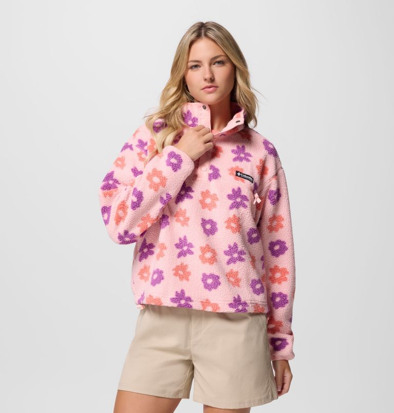 Women's Helvetia II Cropped Sherpa Half Snap Printed Fleece, Color: Pink Sand, image 1