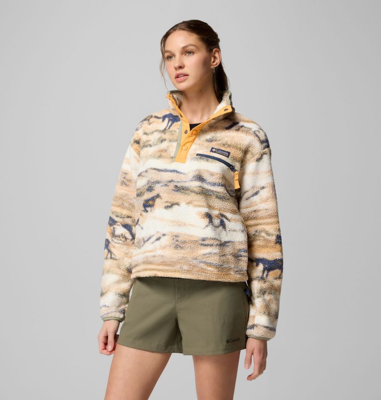 Women's Helvetia II Cropped Sherpa Half Snap Printed Fleece, Color: Lemon Wash Roaming, image 3