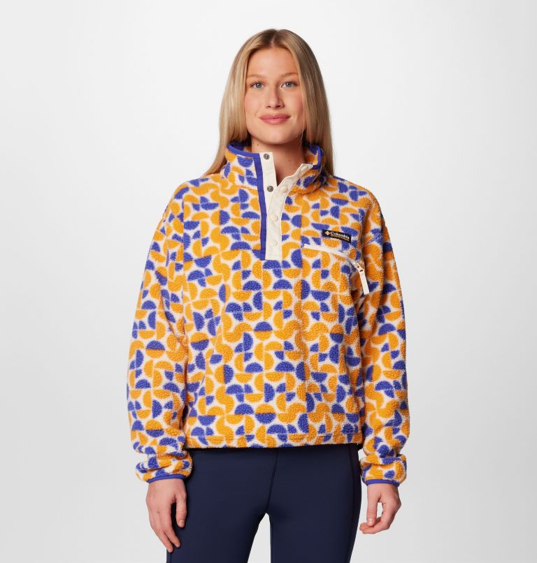 Women's Helvetia II Printed Cropped Half Snap Fleece Pullover, Color: Sunstone Retroscape, image 1