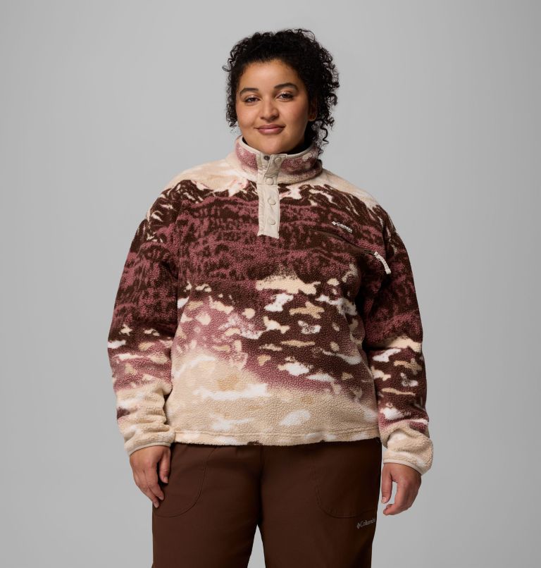 Women's Helvetia II Printed Cropped Half Snap Fleece Pullover - Plus Size, Color: Tobacco Sisters, Dark Stone, image 1