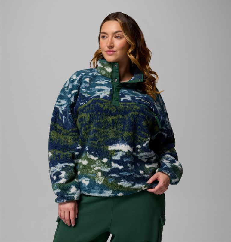 Women's Helvetia II Printed Cropped Half Snap Fleece Pullover - Plus Size, Color: Everblue Sisters, Rain Forest, image 1