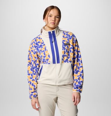 Women’s Back Bowl Printed Fleece Jacket, Color: Sunstone Retroscape, Chalk, image 1