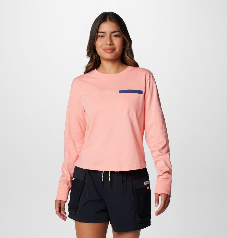 Women's PFG Open Water Long Sleeve Shirt, Color: Sorbet, Carbon, image 1