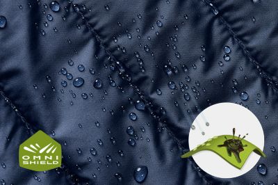 Close up of fabric with the Omni Shield logo in the bottom left and a graphic showing how moisture beads on the fabric's surface.