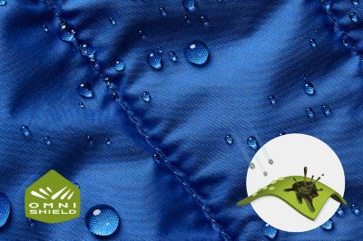 Close up of fabric with the Omni Shield logo in the bottom left and a graphic showing how moisture beads on the fabric's surface.