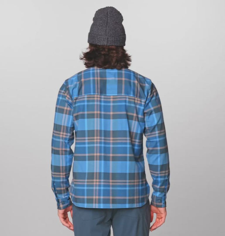Men's Voyager One Long Sleeve Flannel, Color: Moon Blue Amsterdam Plaid