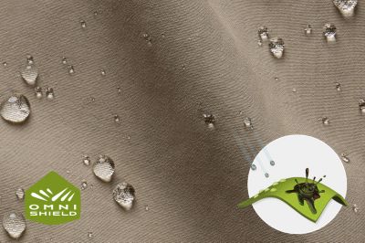 Close up of fabric with the Omni Shield logo in the bottom left and a graphic showing how moisture beads on the fabric's surface.