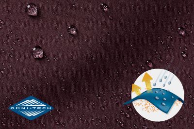 Close up of fabric with the Omni Tech logo in the bottom left and a graphic showing how moisture beads on the fabric's surface.