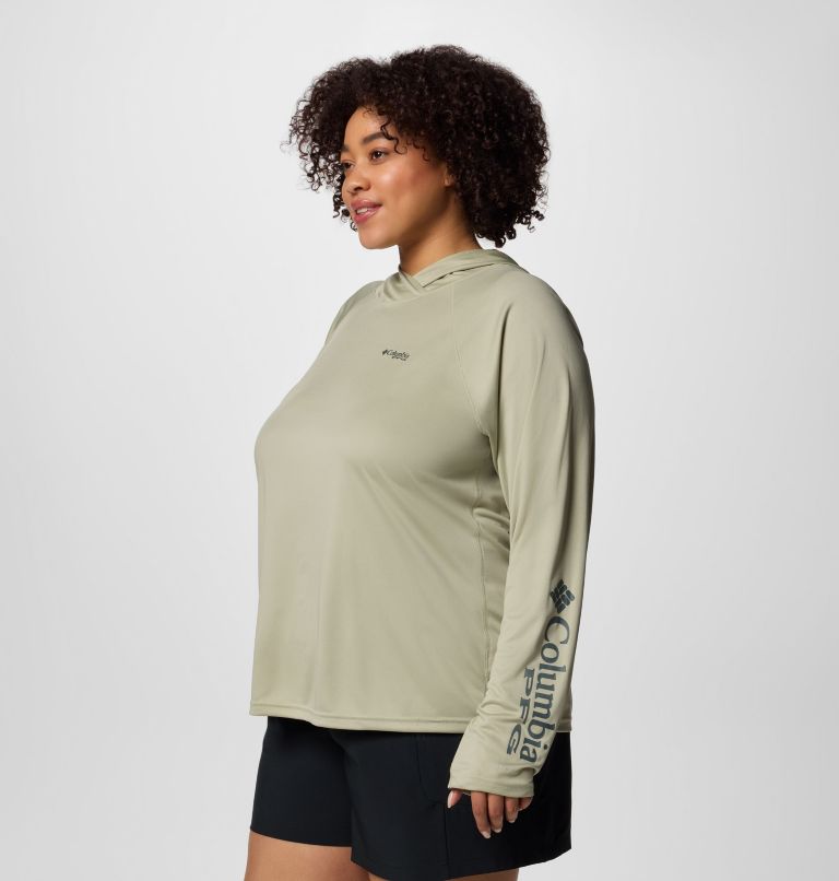 Women's PFG Tidal Tee II Hoodie - Plus Size, Color: Smokey Sage, image 3
