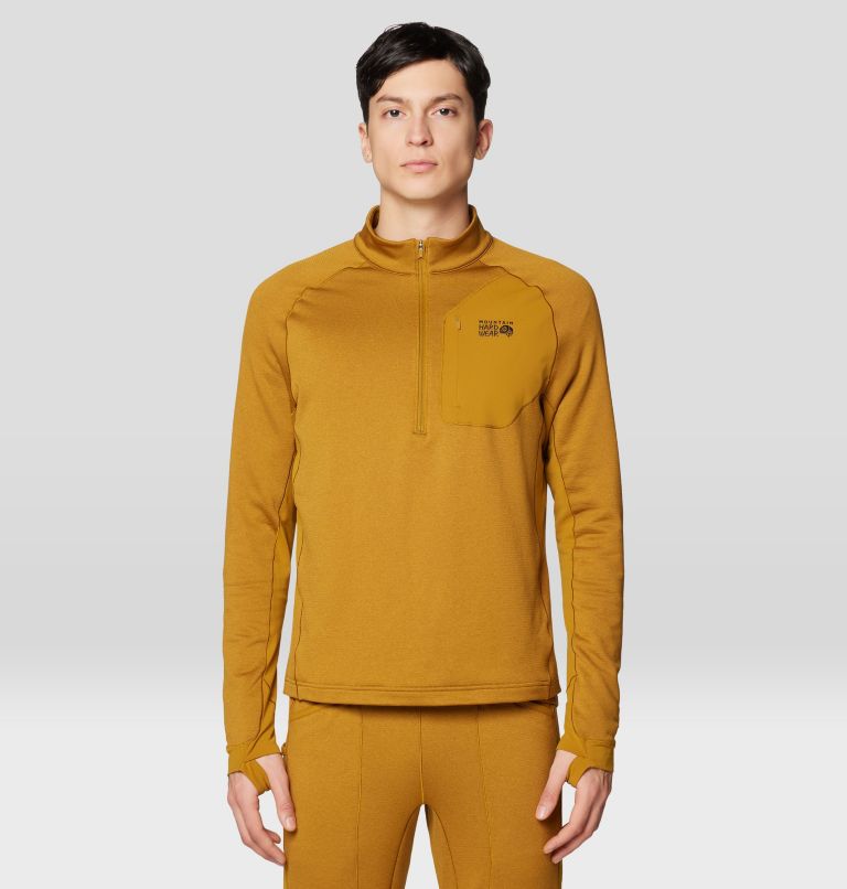 Men's Up First Tech Fleece Quarter Zip, Color: Olive Gold Heather, Black, image 1
