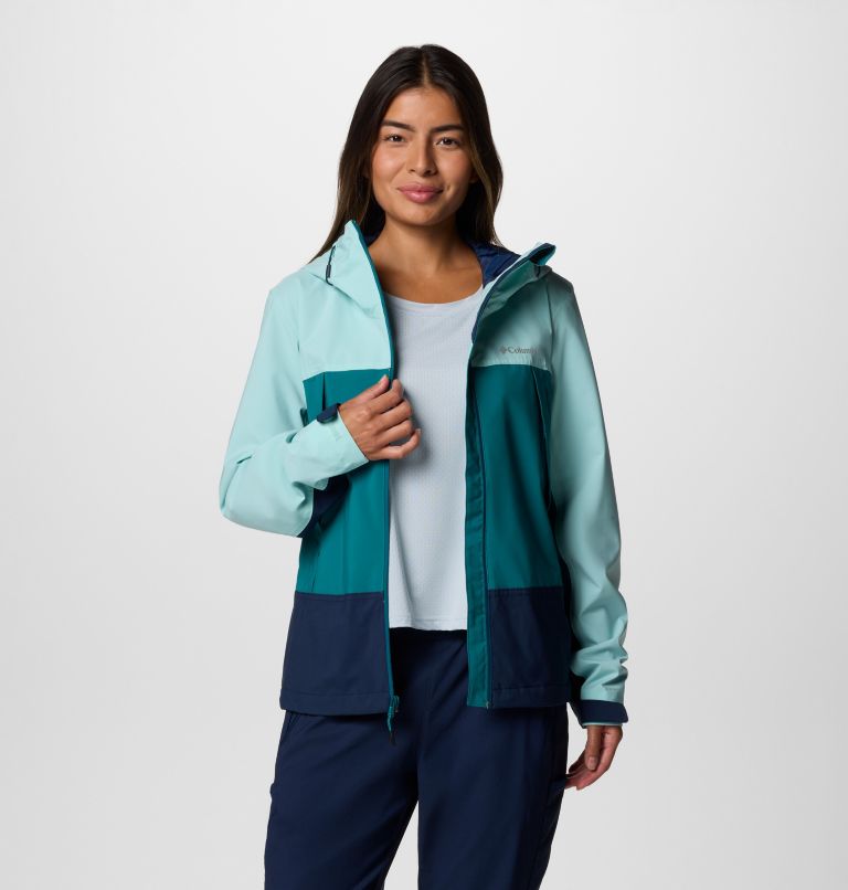 Women's Boulder Falls Waterproof Jacket, Color: River Blue, Collegiate Navy, Spray, image 8