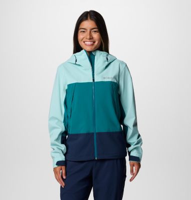 Women's Boulder Falls Waterproof Jacket, Color: River Blue, Collegiate Navy, Spray, image 5