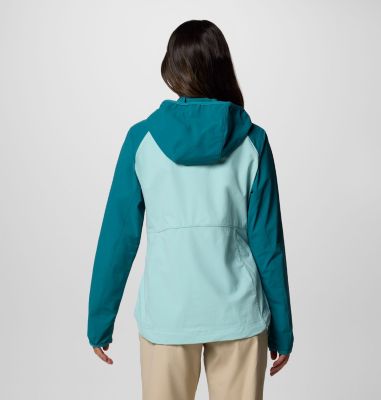 Women's Heather Canyon II Hooded Hiking Softshell Jacket, Color: Spray, River Blue, image 2