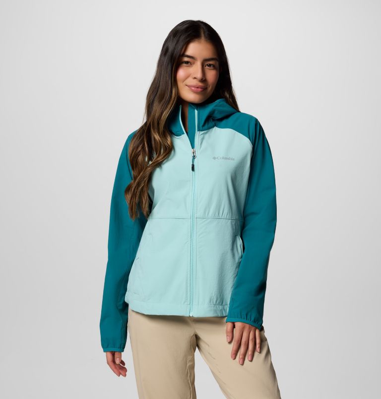 Women's Heather Canyon II Hooded Hiking Softshell Jacket, Color: Spray, River Blue, image 1