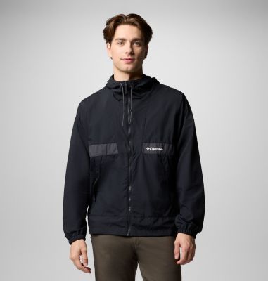 Men's Spire Valley Hooded Windbreaker, Color: Black, Shark, image 1