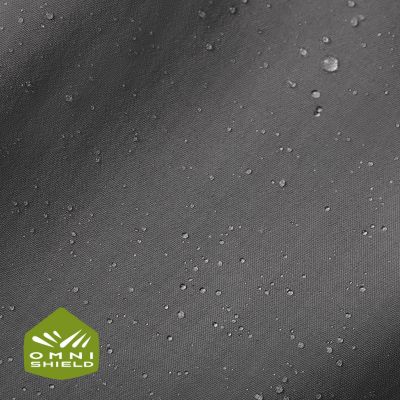 Close up of fabric with the Omni Shield logo in the bottom left and a graphic showing how moisture beads on the fabric's surface.