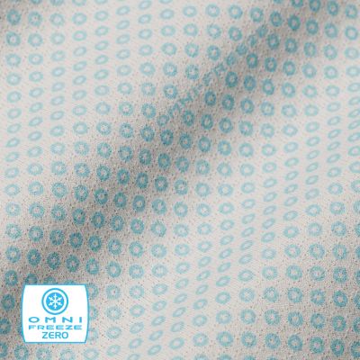 Close up of fabric with the Omni-Freeze logo in the bottom left and a graphic showing how the tech works.
