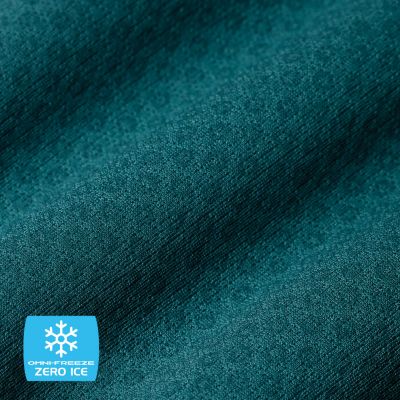 Close up of fabric with the Omni-Freeze logo in the bottom left and a graphic showing how the tech works.