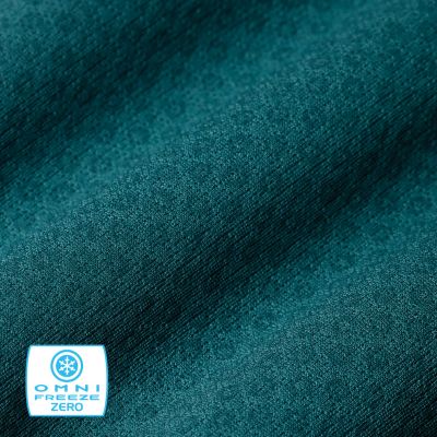 Close up of fabric with the Omni-Freeze logo in the bottom left and a graphic showing how the tech works.