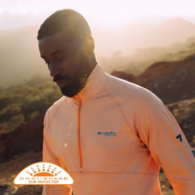 Model walking in a sunny scene and the Omni shade tech badge in bottom left.