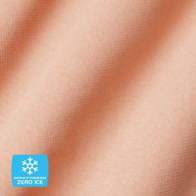 Close up of fabric with the Omni Freeze logo in the bottom left and a graphic showing how the tech works.