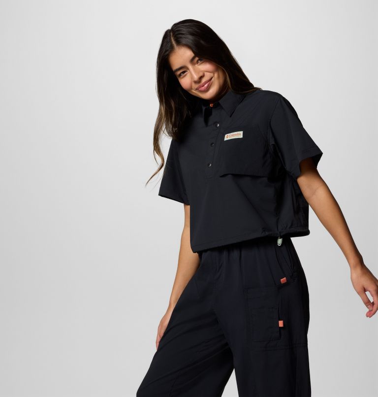Women's Cove Beach Woven Cropped Short Sleeve Shirt, Color: Black, image 3