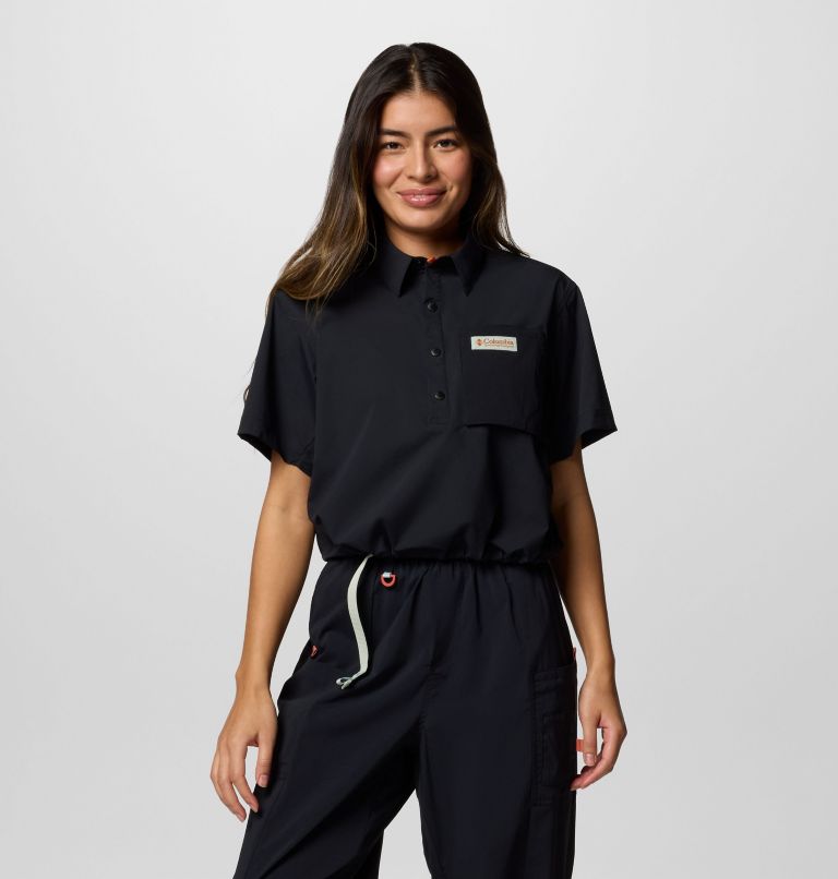 Women's Cove Beach Woven Cropped Short Sleeve Shirt, Color: Black, image 7