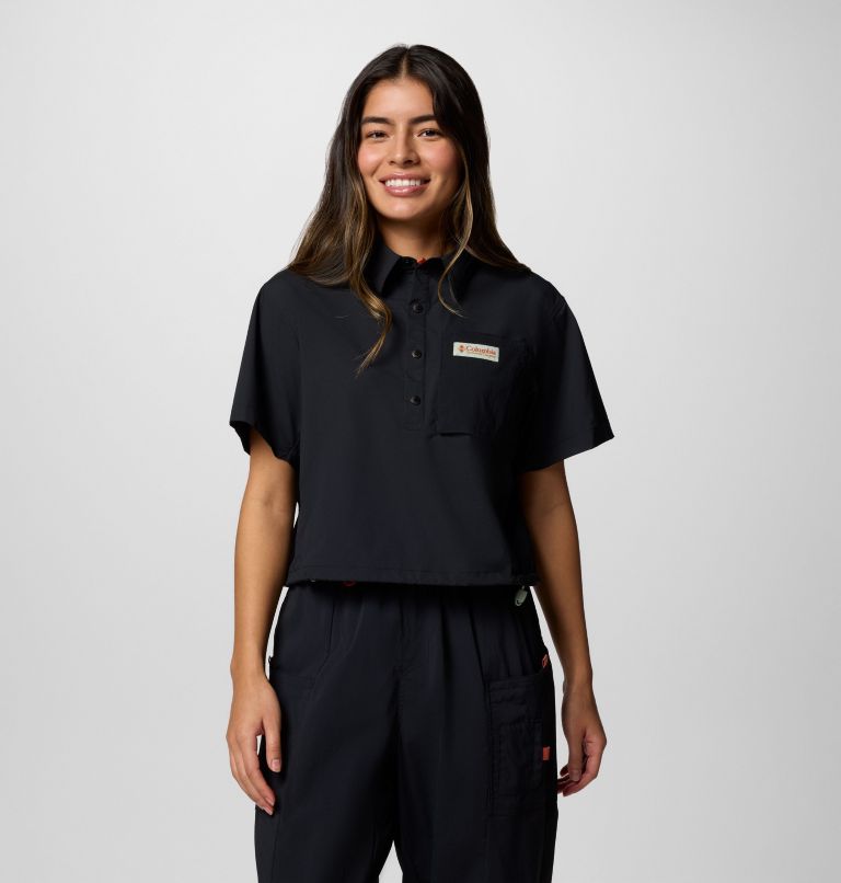 Women's Cove Beach Woven Cropped Short Sleeve Shirt, Color: Black, image 1