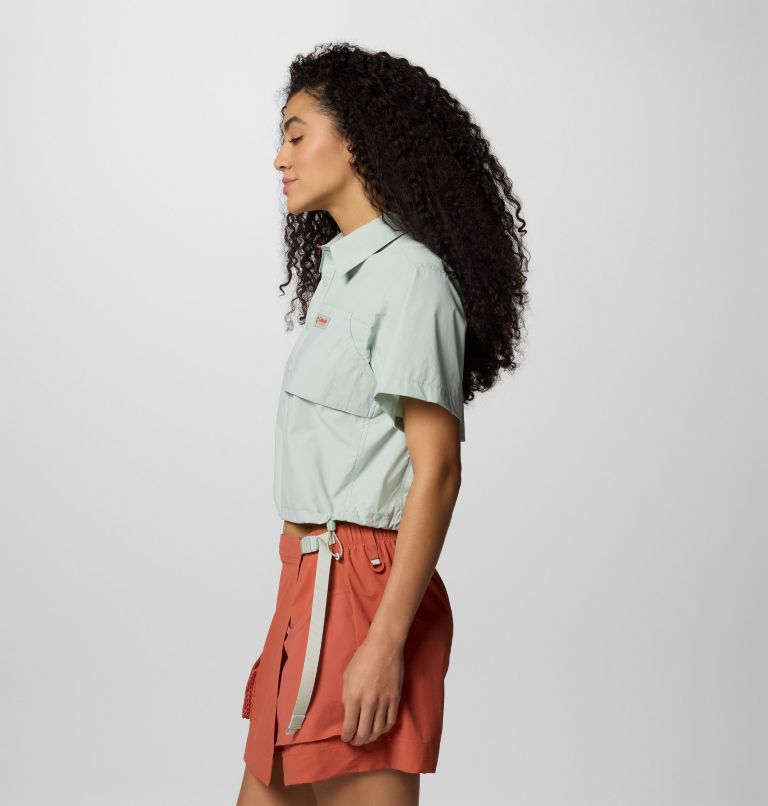 Women's Cove Beach Woven Cropped Short Sleeve Shirt, Color: Cool Green, image 3