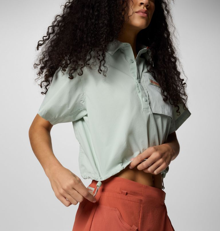 Women's Cove Beach Woven Cropped Short Sleeve Shirt, Color: Cool Green, image 6