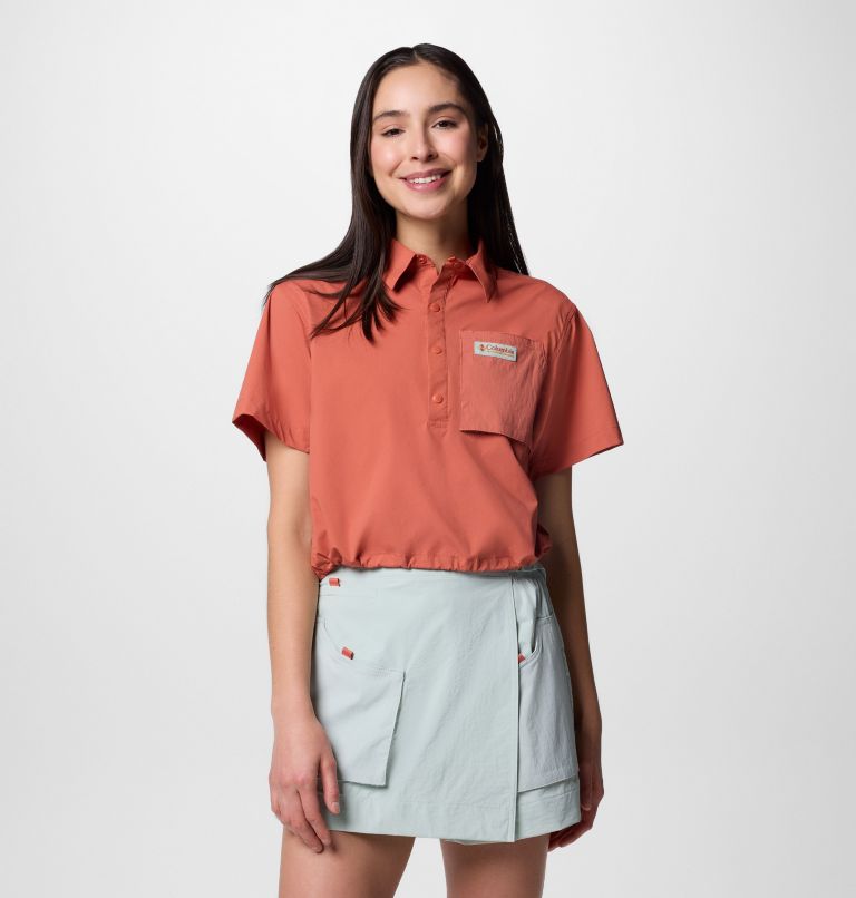 Women's Cove Beach Woven Cropped Short Sleeve Shirt, Color: Mars, image 7