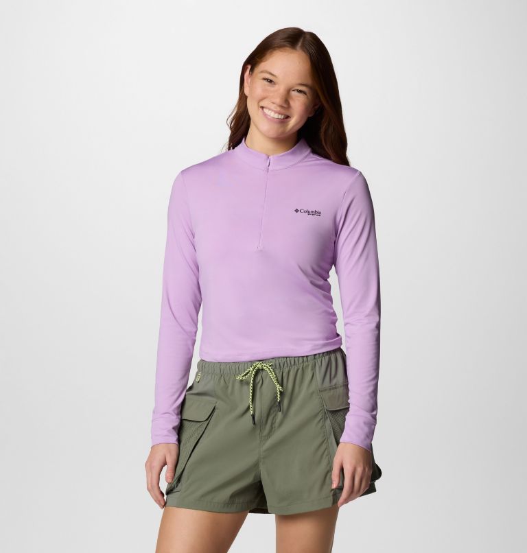 Camiseta corta de protección de manga larga con media cremallera PFG Open Water para mujer, Color: Hydrangea, image 1