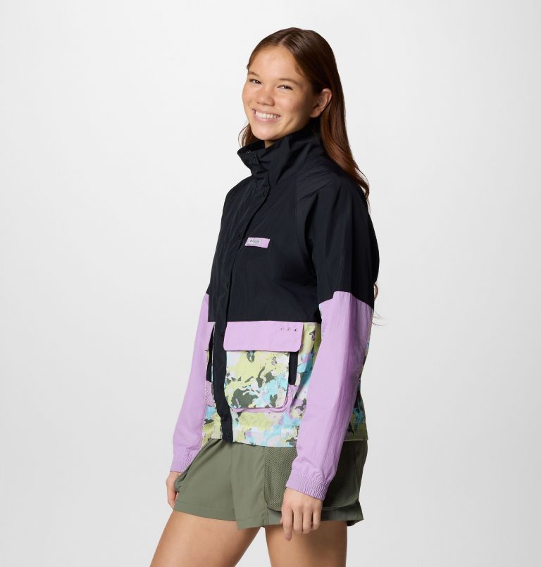 Women's PFG Open Water Windbreaker, Color: Black, Hydrangea, Spring Yellow WldBlms, image 3