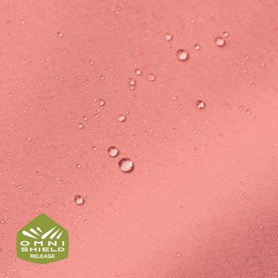 Close-up of fabric with the Omni Shield logo in the bottom left and a graphic showing how moisture beads on the fabric's surface.