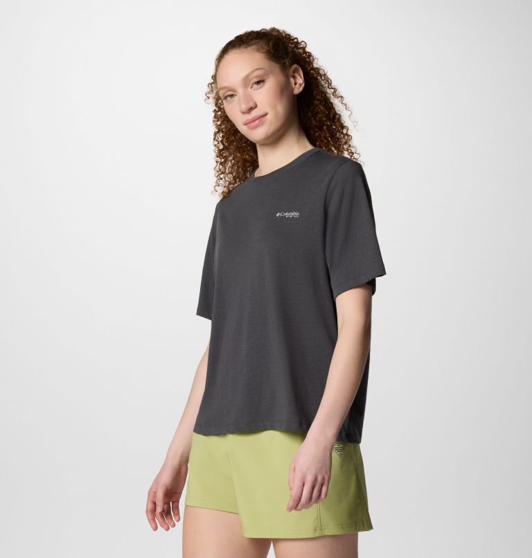 Women's PFG Uncharted Graphic Technical T-Shirt, Color: Shark, PFG W Branded Delta, image 3
