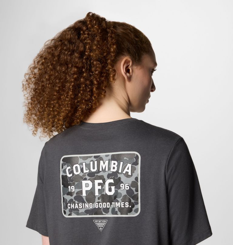 Women's PFG Uncharted Graphic Technical T-Shirt, Color: Shark, PFG W Branded Delta, image 5