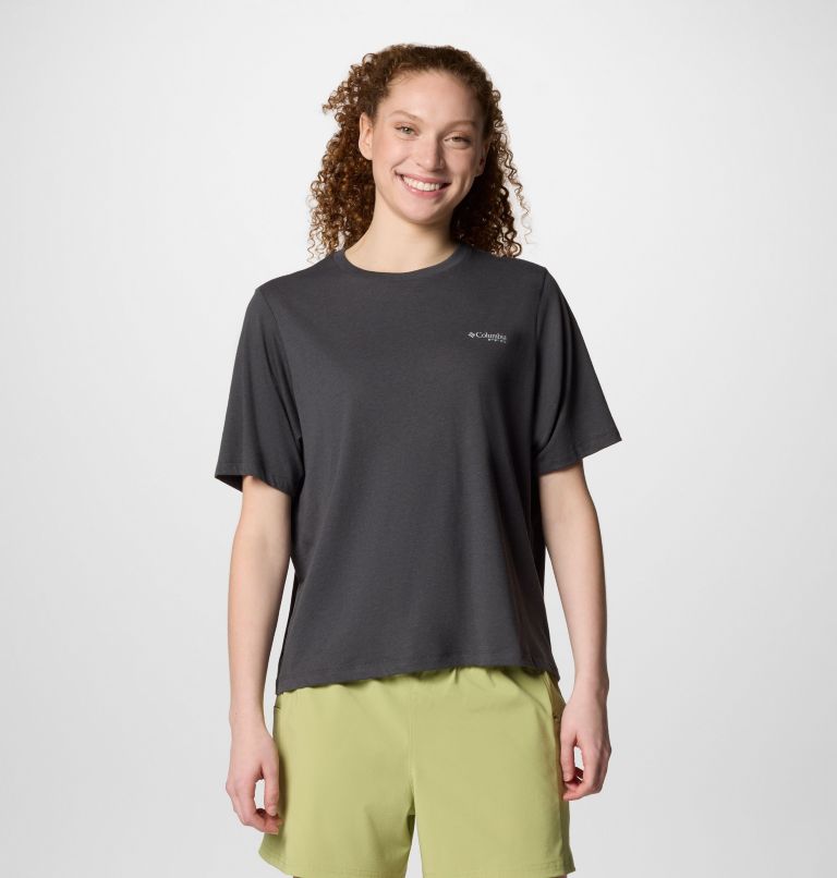 Women's PFG Uncharted Graphic Technical T-Shirt, Color: Shark, PFG W Branded Delta, image 2