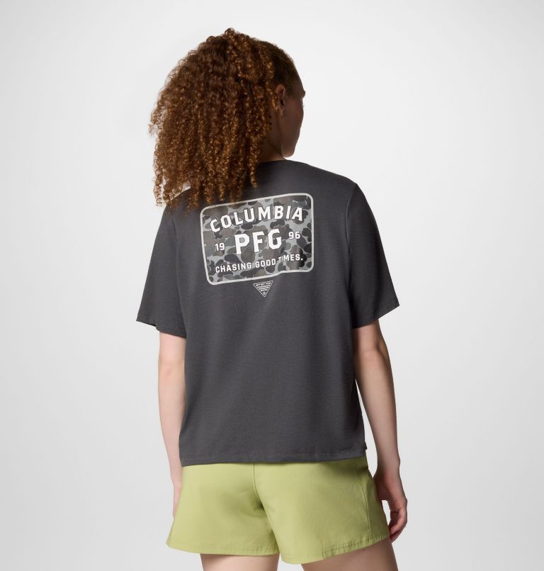 Women's PFG Uncharted Graphic Technical T-Shirt, Color: Shark, PFG W Branded Delta, image 1