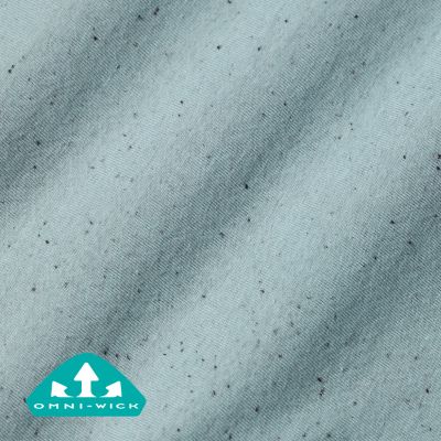 Close up of fabric with the Omni Wick logo in the bottom left and a graphic showing how moisture evaporates from the fabric's surface.