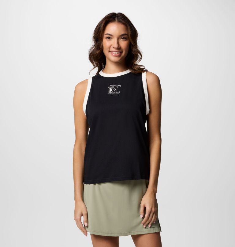 Women's Rolling Bend Graphic Ringer Tank, Color: Black, Treehugger, image 1